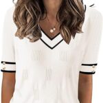 AKEWEI Womens V Neck Sweater Short Sleeve