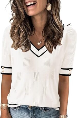 AKEWEI Womens V Neck Sweater Short Sleeve