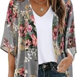 Women's Floral Print Puff Sleeve Kimono Cardigan