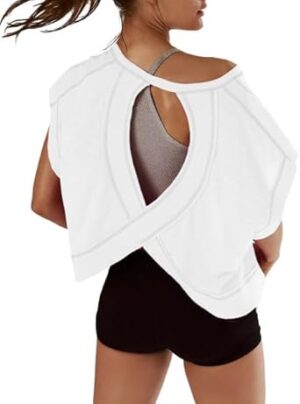 Women Short Sleeve Workout Shirts Open Back Tops