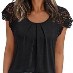 AUTOMET Womens Lace Tops Pleated Short Sleeve
