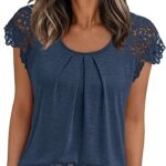 AUTOMET Womens Lace Tops Pleated Short Sleeve