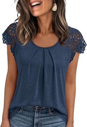 AUTOMET Womens Lace Tops Pleated Short Sleeve