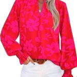 MASCOMODA Womens V Neck Floral Long Sleeve Tops