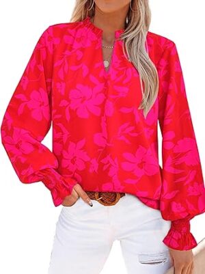 MASCOMODA Womens V Neck Floral Long Sleeve Tops
