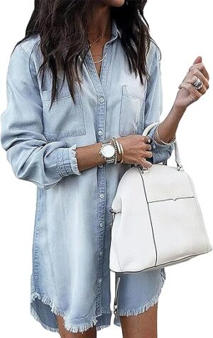Zilcremo Women Denim Shirt Dresses Long Sleeve
