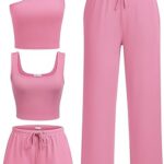 Ekouaer Womens 4 Piece Lounge Sets Ribbed Knit