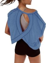 Women Short Sleeve Workout Shirts Open Back Tops