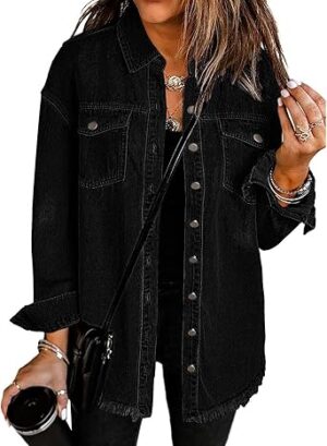 Vetinee Women’s Oversized Button Up Frayed Hem