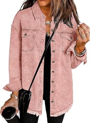 Vetinee Women’s Oversized Button Up Frayed Hem