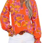 MASCOMODA Womens V Neck Floral Long Sleeve Tops