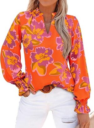 MASCOMODA Womens V Neck Floral Long Sleeve Tops
