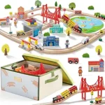 Tiny Land 110pcs Wooden Train Set with Folding