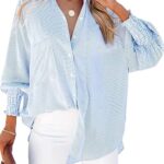 Womens Smocked Cuffed Striped Boyfriend Shirt