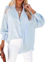 Womens Smocked Cuffed Striped Boyfriend Shirt