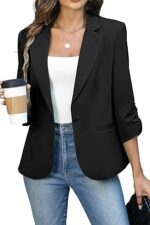 ELLEVEN Women's Ruched 3/4 Sleeve Blazers,