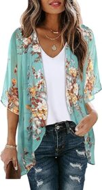 Women's Floral Print Puff Sleeve Kimono Cardigan